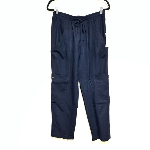 NWT Anthropologie Joie Navy Linen Pull on Relaxed Cargo Ankle Pants Womens Sz M - Picture 1 of 8